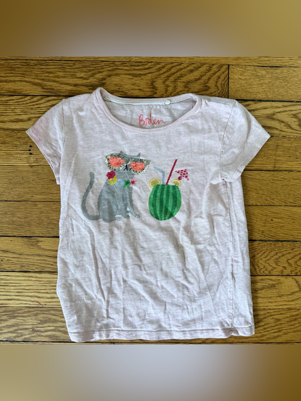 Mini Boden Girls' Pink Cat Graphic Tee - Size 5/6